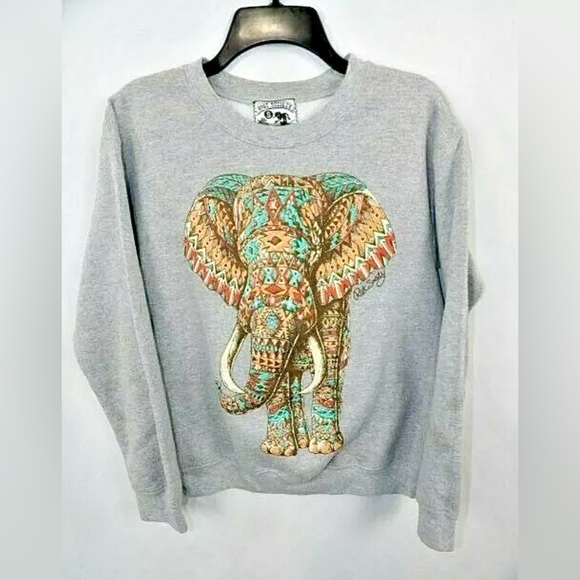 Riot Society Gray Cotton Blend Sweatshirt w/ Colorful Elephant Graphics Sweater - Picture 1 of 6